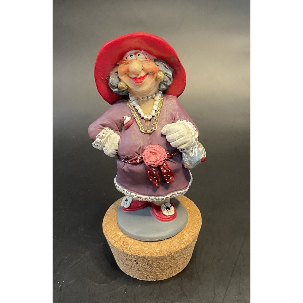 Red Hat Happy Lady Bottle Cork Or Table Top Figurine- Cute And Quirky!